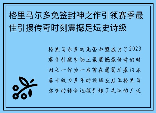 格里马尔多免签封神之作引领赛季最佳引援传奇时刻震撼足坛史诗级