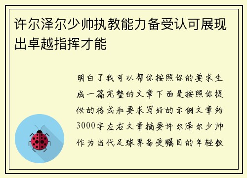 许尔泽尔少帅执教能力备受认可展现出卓越指挥才能