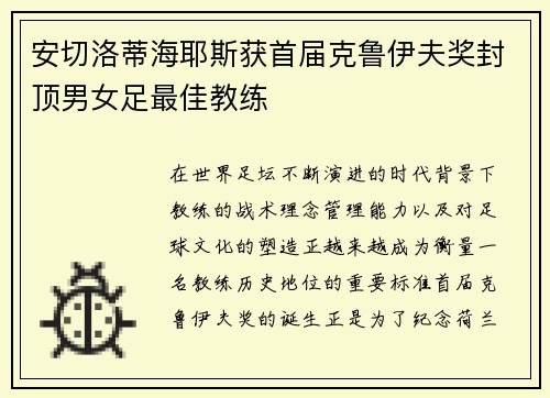 安切洛蒂海耶斯获首届克鲁伊夫奖封顶男女足最佳教练